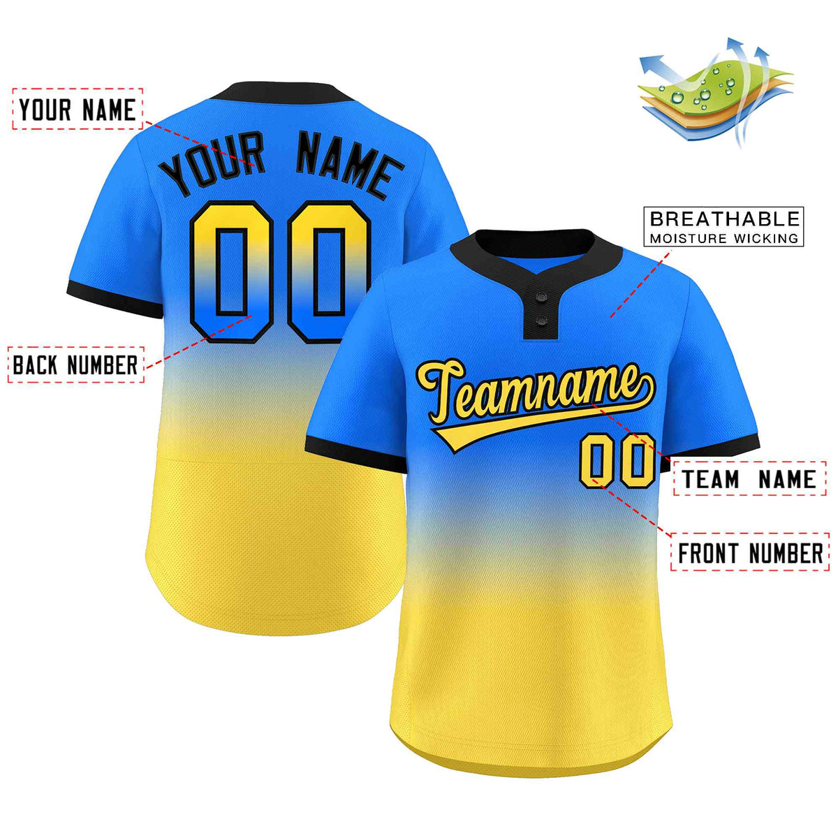 Custom Light Blue Gold Gold-Black Gradient Fashion Authentic Two-Button Softball Jersey Limited