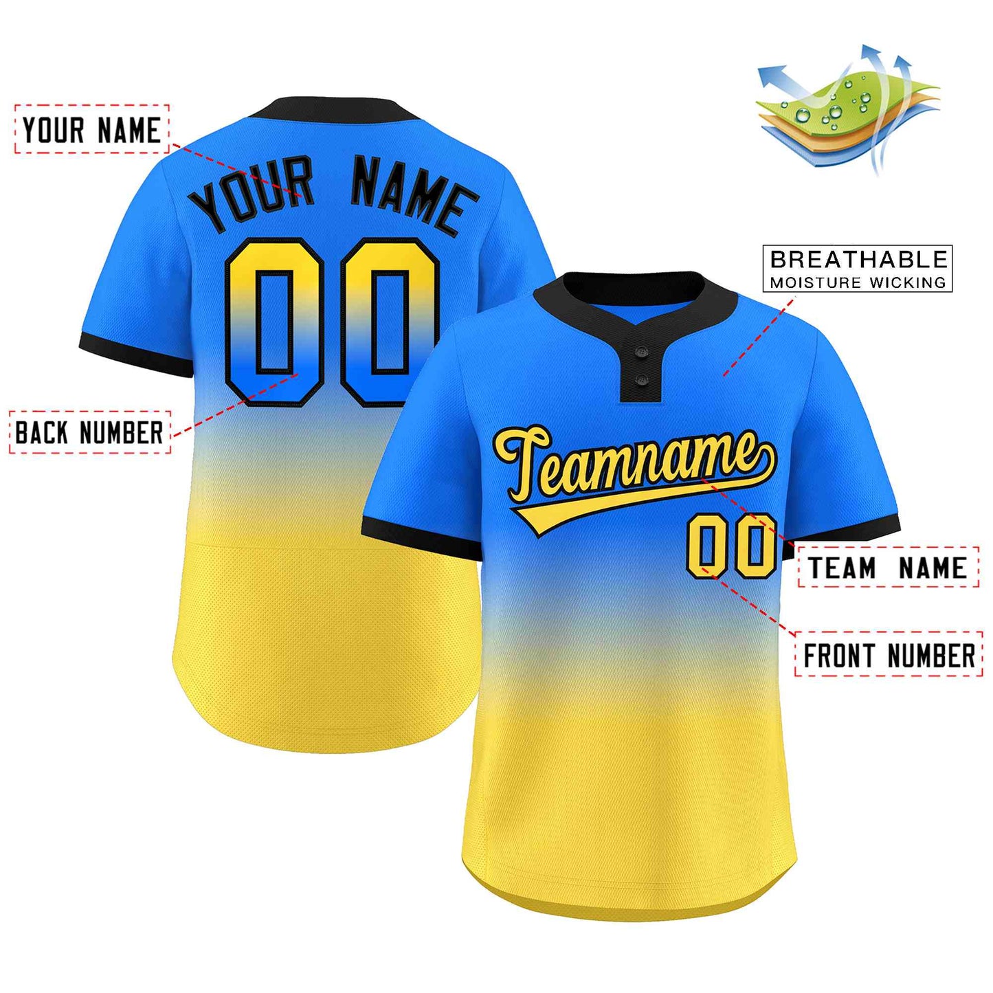 Custom Light Blue Gold Gold-Black Gradient Fashion Authentic Two-Button Softball Jersey Limited