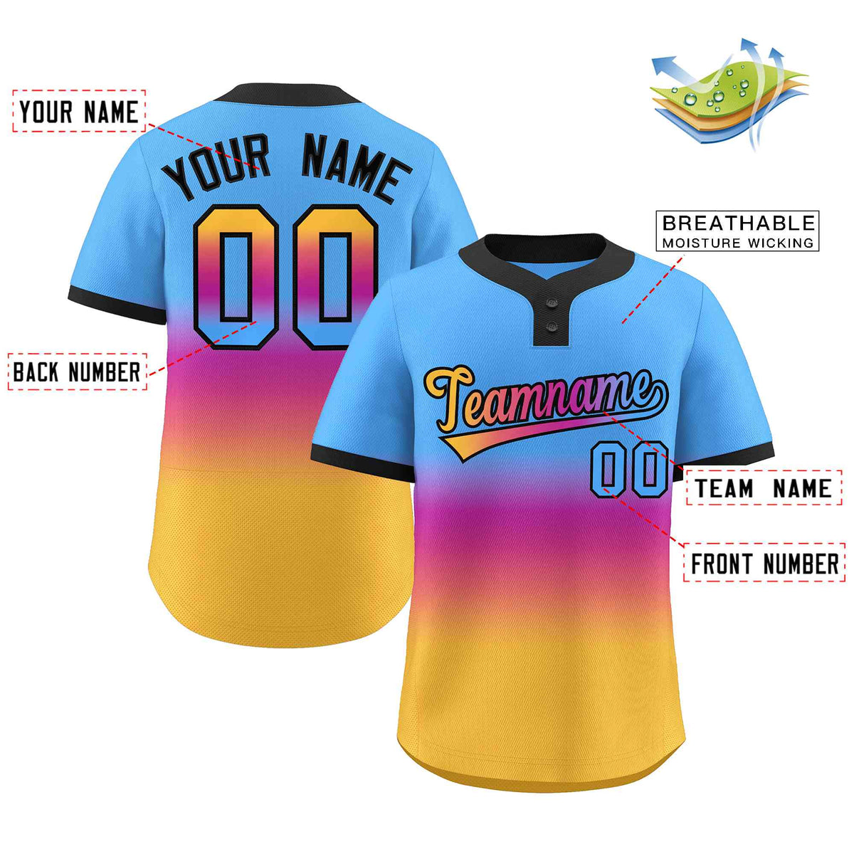 Custom Powder Blue Purple Gold-Pink Gradient Fashion Authentic Two-Button Softball Jersey Limited