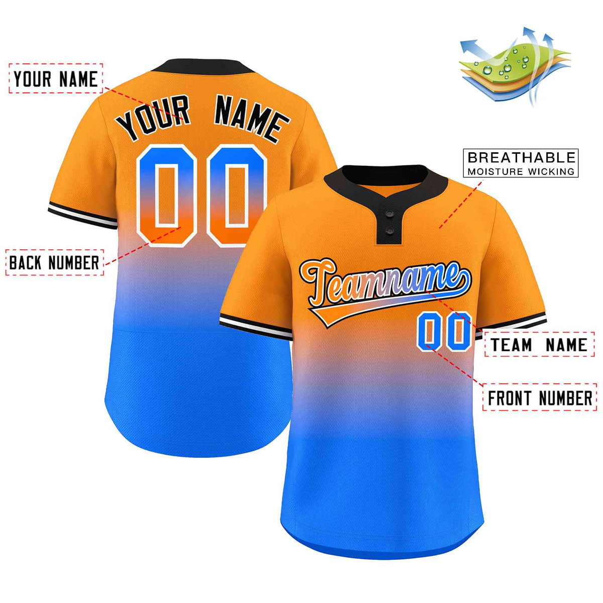 Custom Orange Powder Blue Orange-White Gradient Fashion Authentic Two-Button Softball Jersey Limited