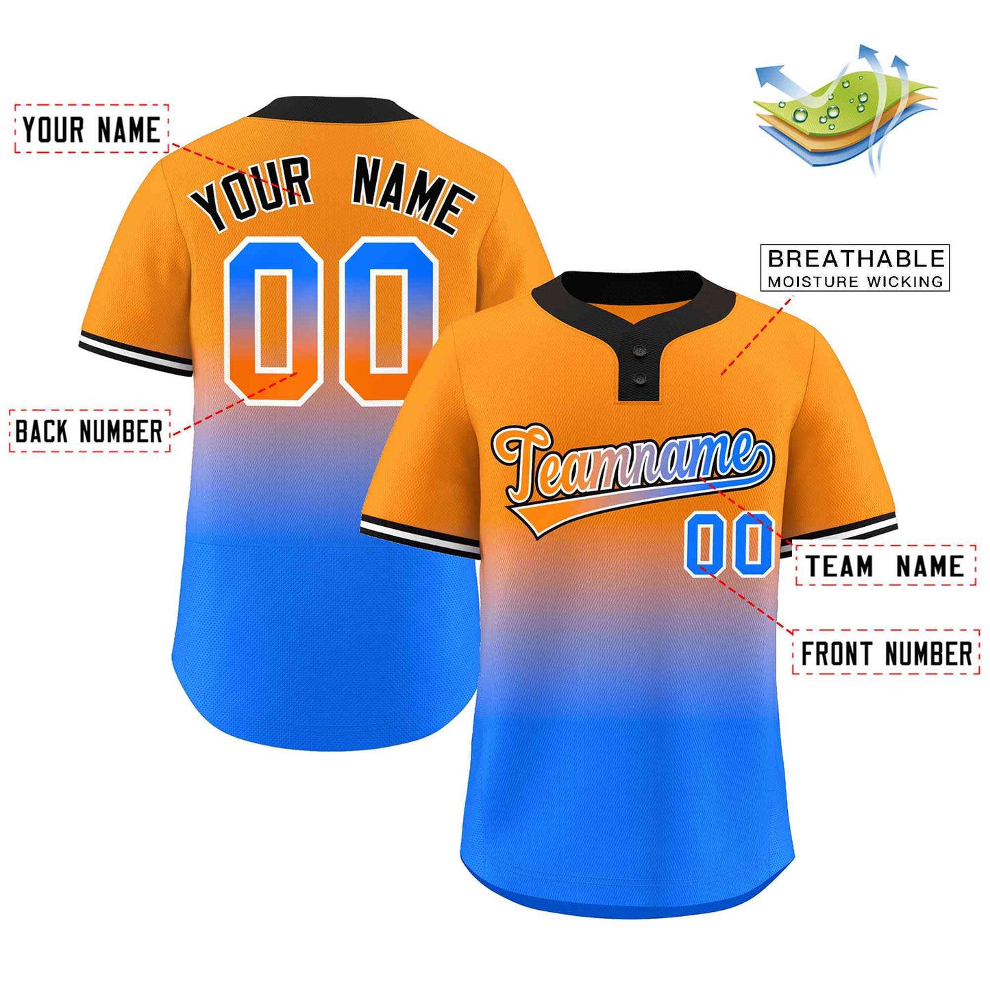 Custom Orange Powder Blue Orange-White Gradient Fashion Authentic Two-Button Softball Jersey Limited