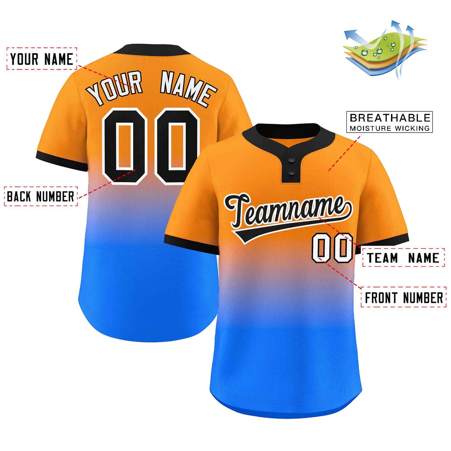 Custom Orange Powder Blue Black-White Gradient Fashion Authentic Two-Button Softball Jersey Limited