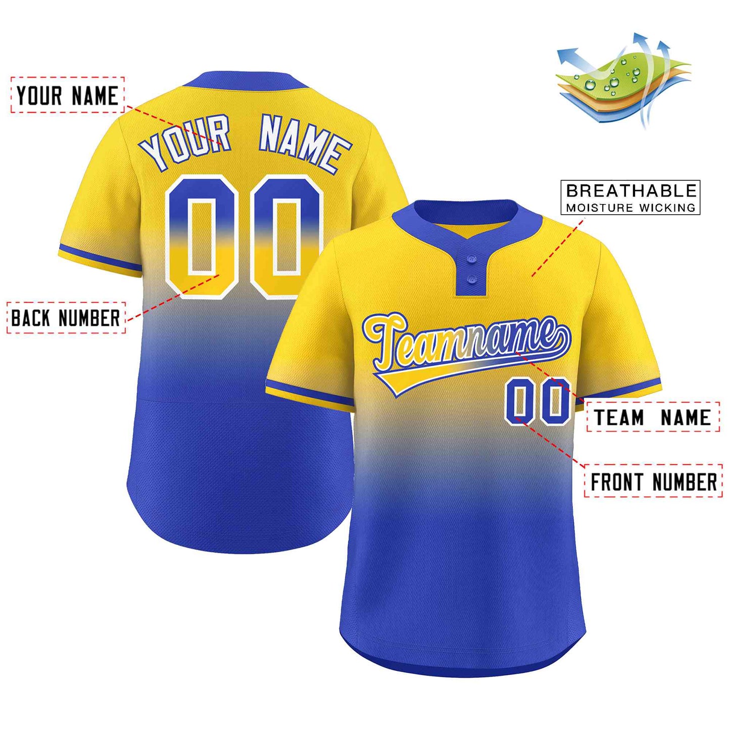Custom Gold Royal Gold-White Gradient Fashion Authentic Two-Button Softball Jersey Limited