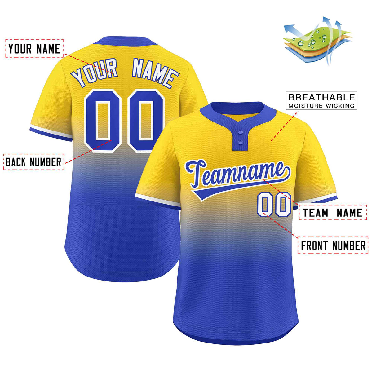 Custom Gold Royal Royal-White Gradient Fashion Authentic Two-Button Softball Jersey Limited