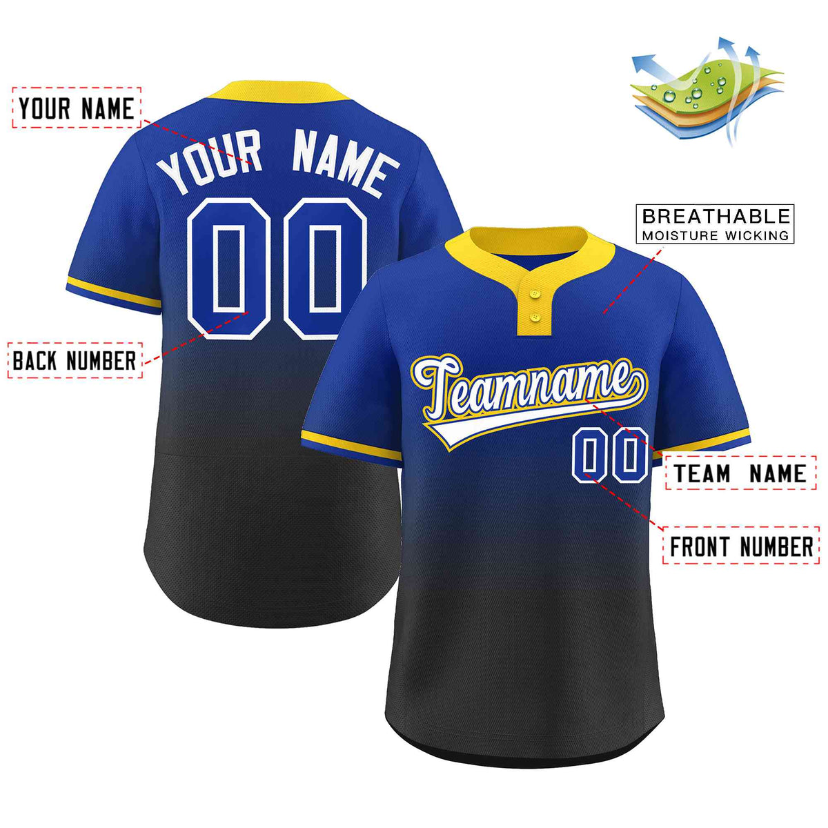 Custom Royal Black White-Royal Gradient Fashion Authentic Two-Button Softball Jersey Limited