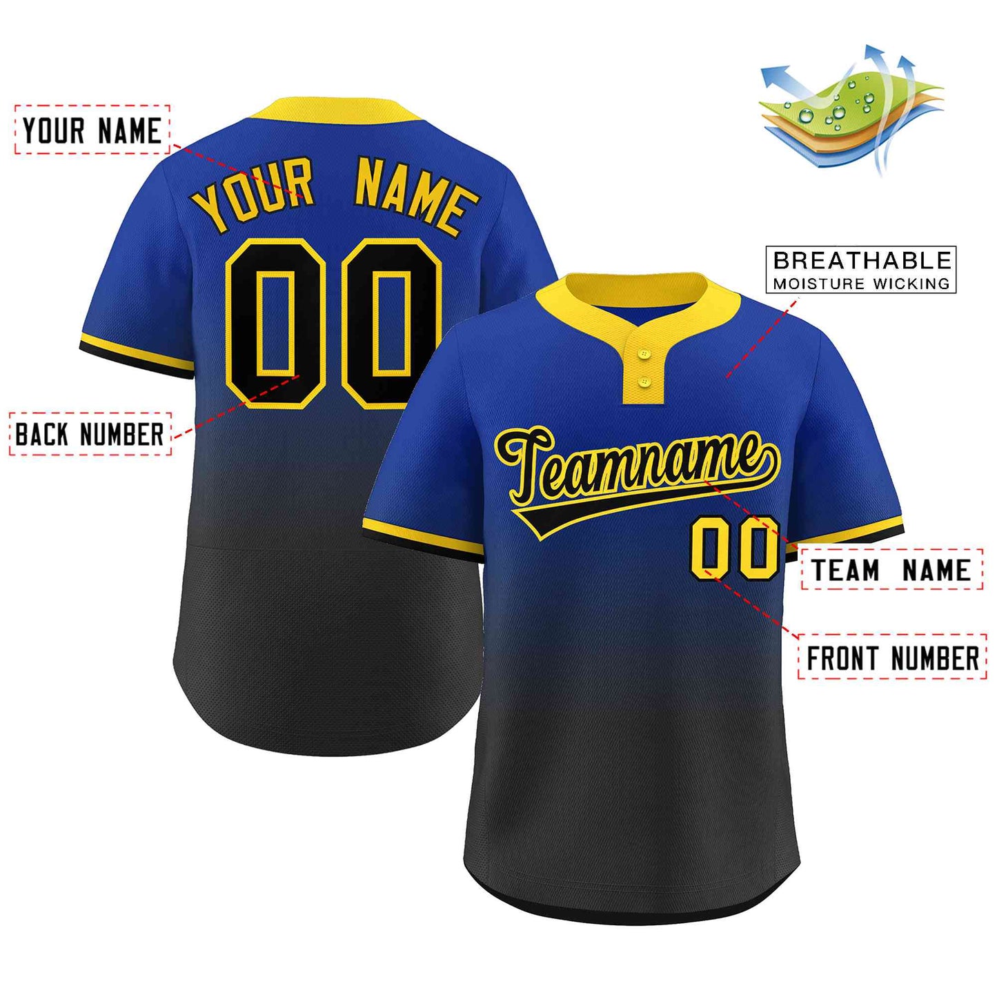 Custom Royal Black Black-Gold Gradient Fashion Authentic Two-Button Softball Jersey Limited