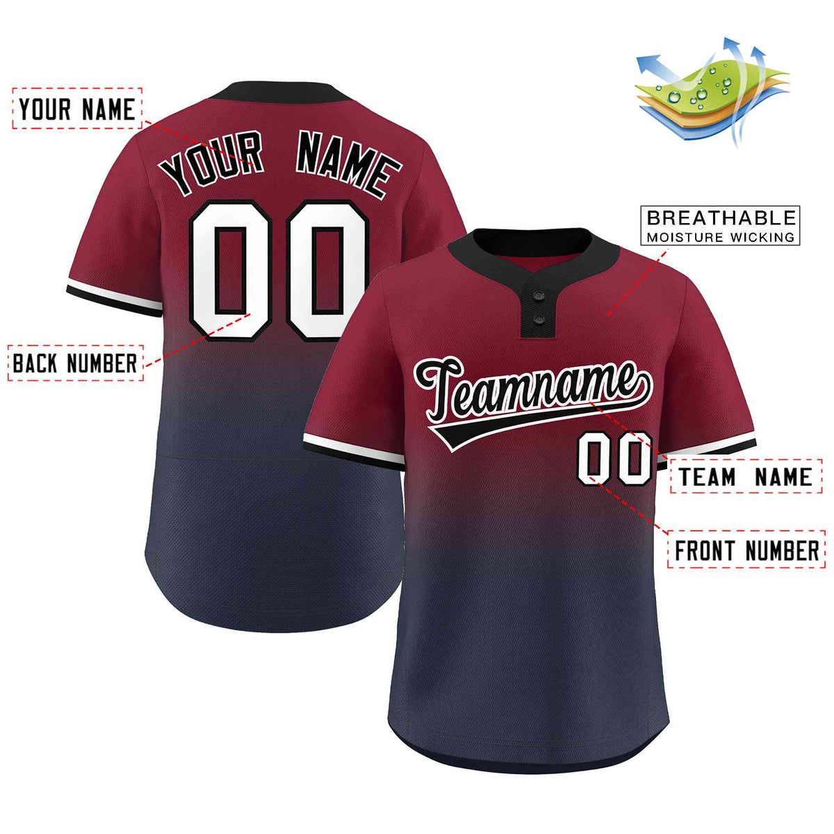 Custom Crimson Navy Black-White Gradient Fashion Authentic Two-Button Softball Jersey Limited