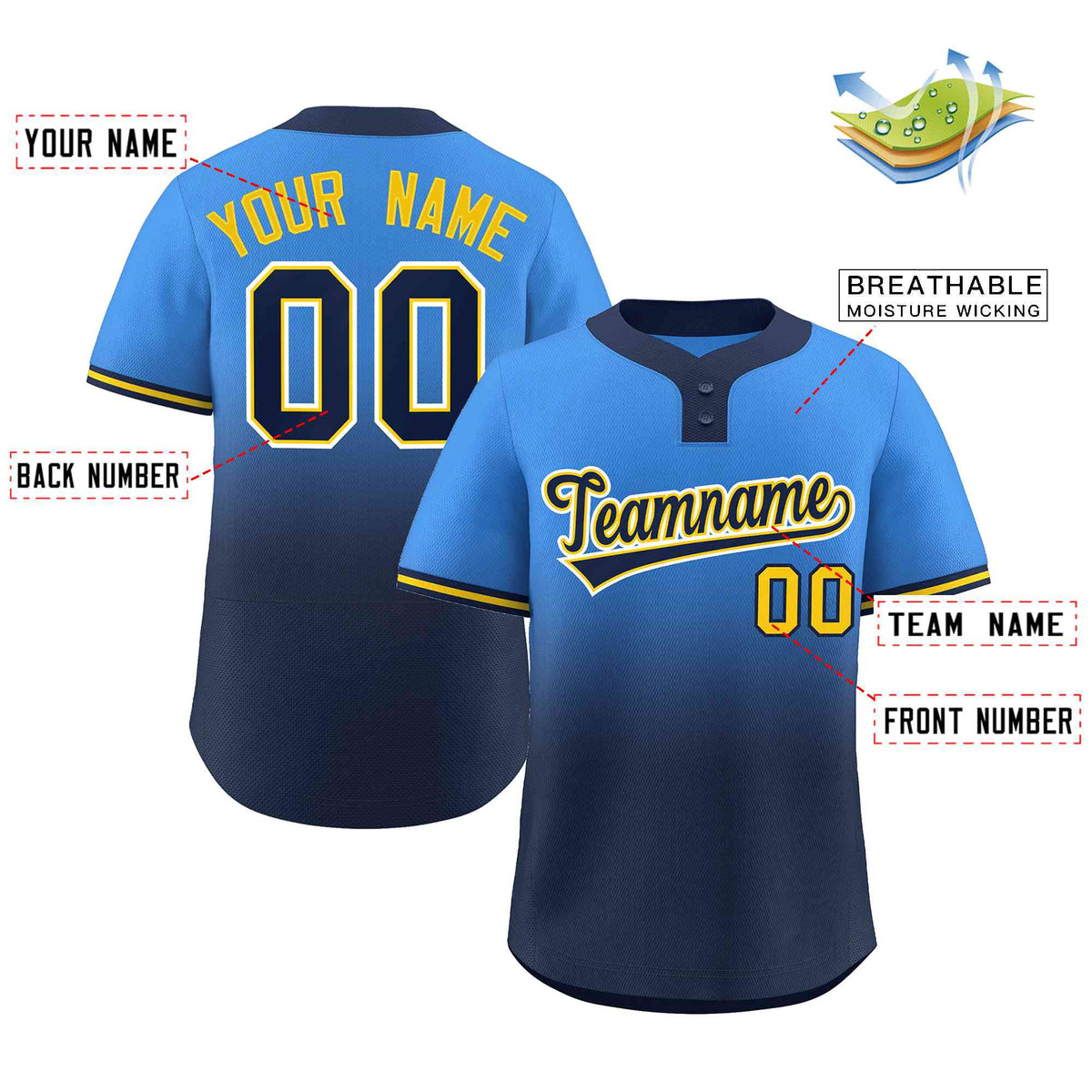 Custom Powder Blue Navy Navy-Gold Gradient Fashion Authentic Two-Button Softball Jersey Limited