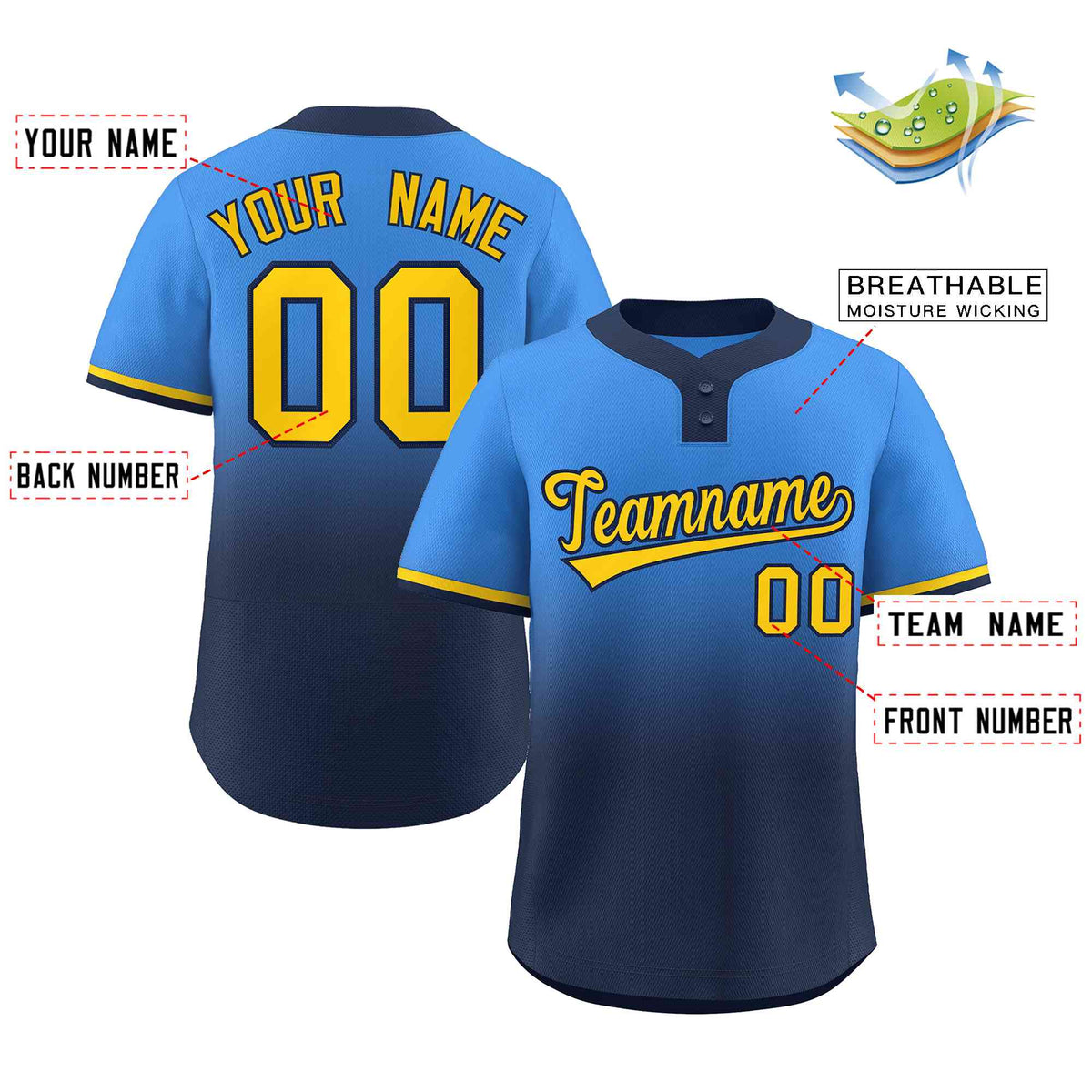 Custom Powder Blue Navy Gold-Navy Gradient Fashion Authentic Two-Button Softball Jersey Limited