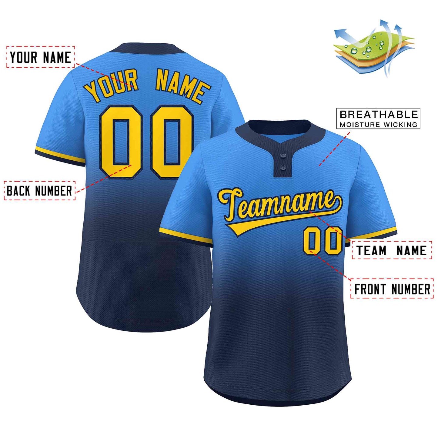 Custom Powder Blue Navy Gold-Navy Gradient Fashion Authentic Two-Button Softball Jersey Limited