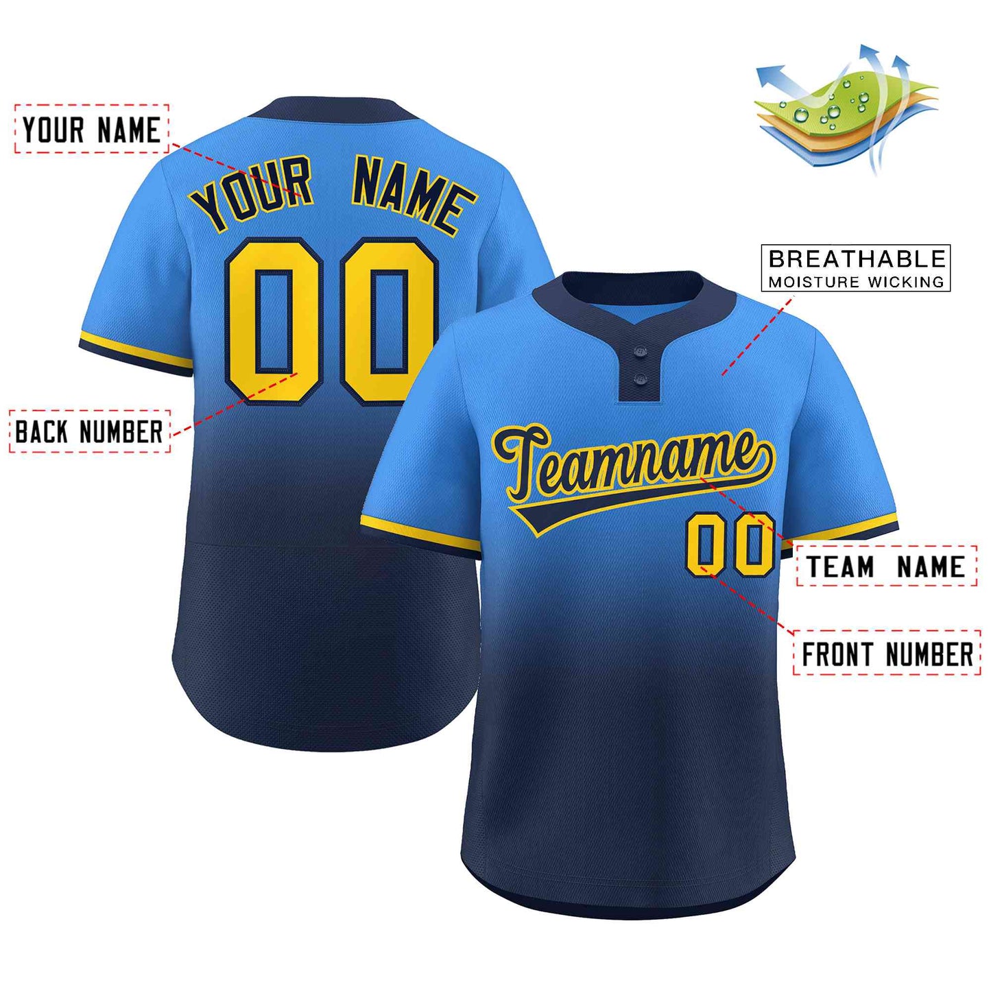 Custom Powder Blue Navy Navy-Gold Gradient Fashion Authentic Two-Button Softball Jersey Limited