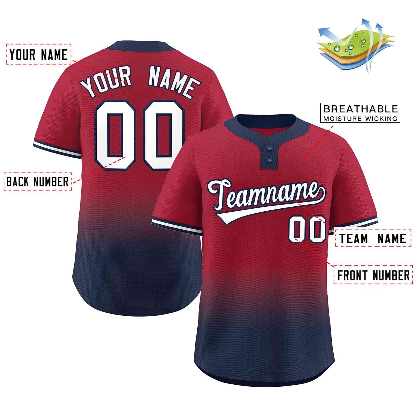 Custom Crimson Navy White-Navy Gradient Fashion Authentic Two-Button Softball Jersey Limited