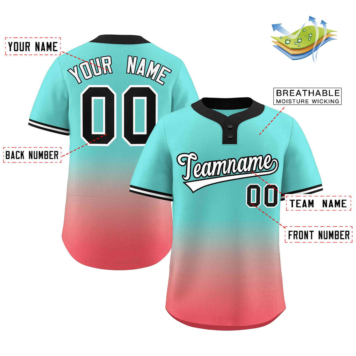 Custom Aqua Light Red White-Black Gradient Fashion Authentic Two-Button Softball Jersey Limited