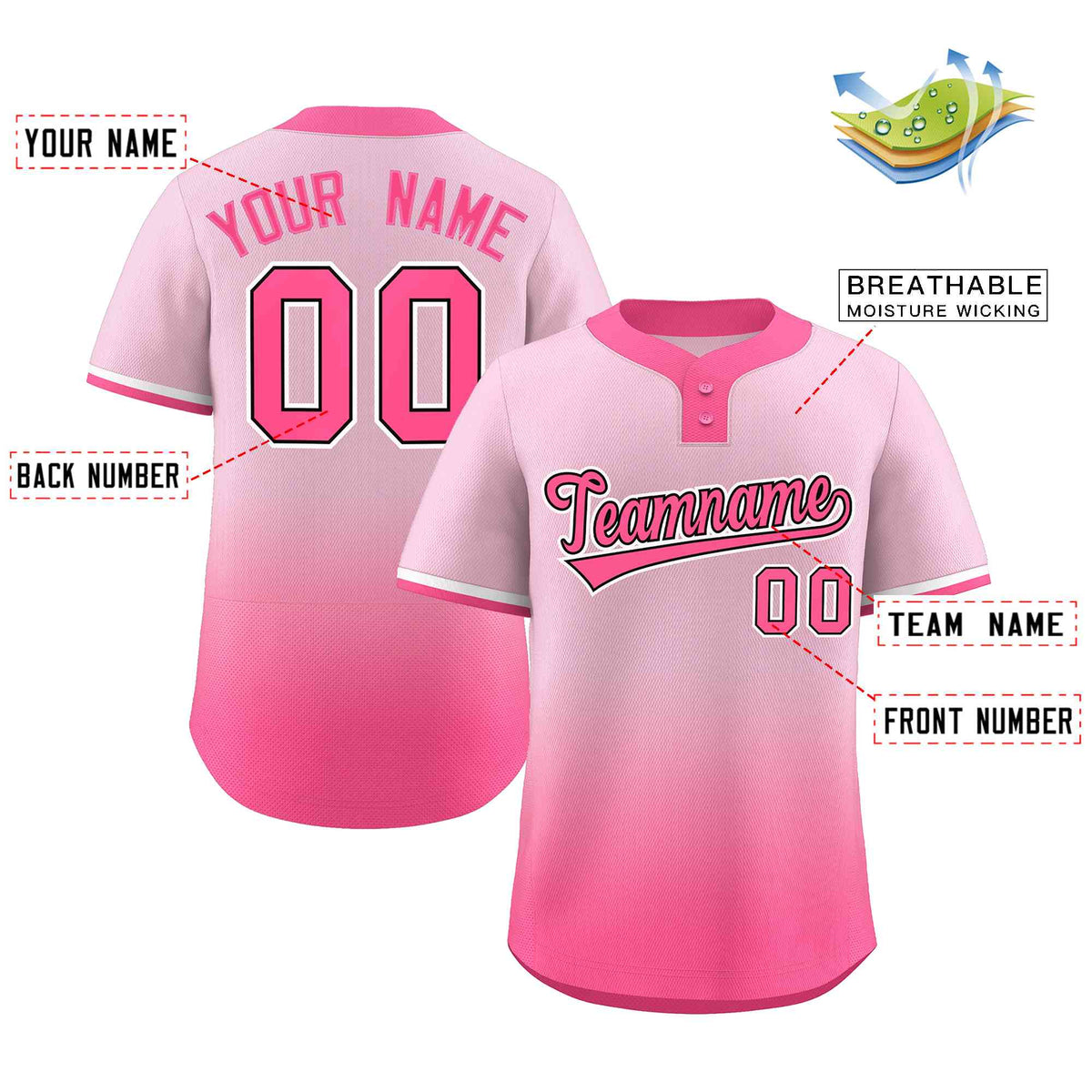 Custom Light Pink Pink Pink-Black Gradient Fashion Authentic Two-Button Softball Jersey Limited