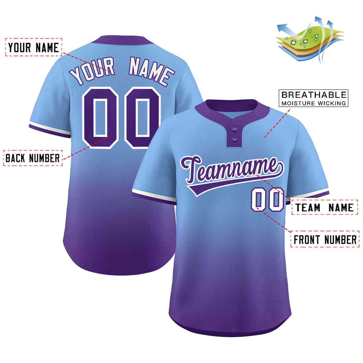 Custom Light Blue Purple Purple-White Gradient Fashion Authentic Two-Button Softball Jersey Limited