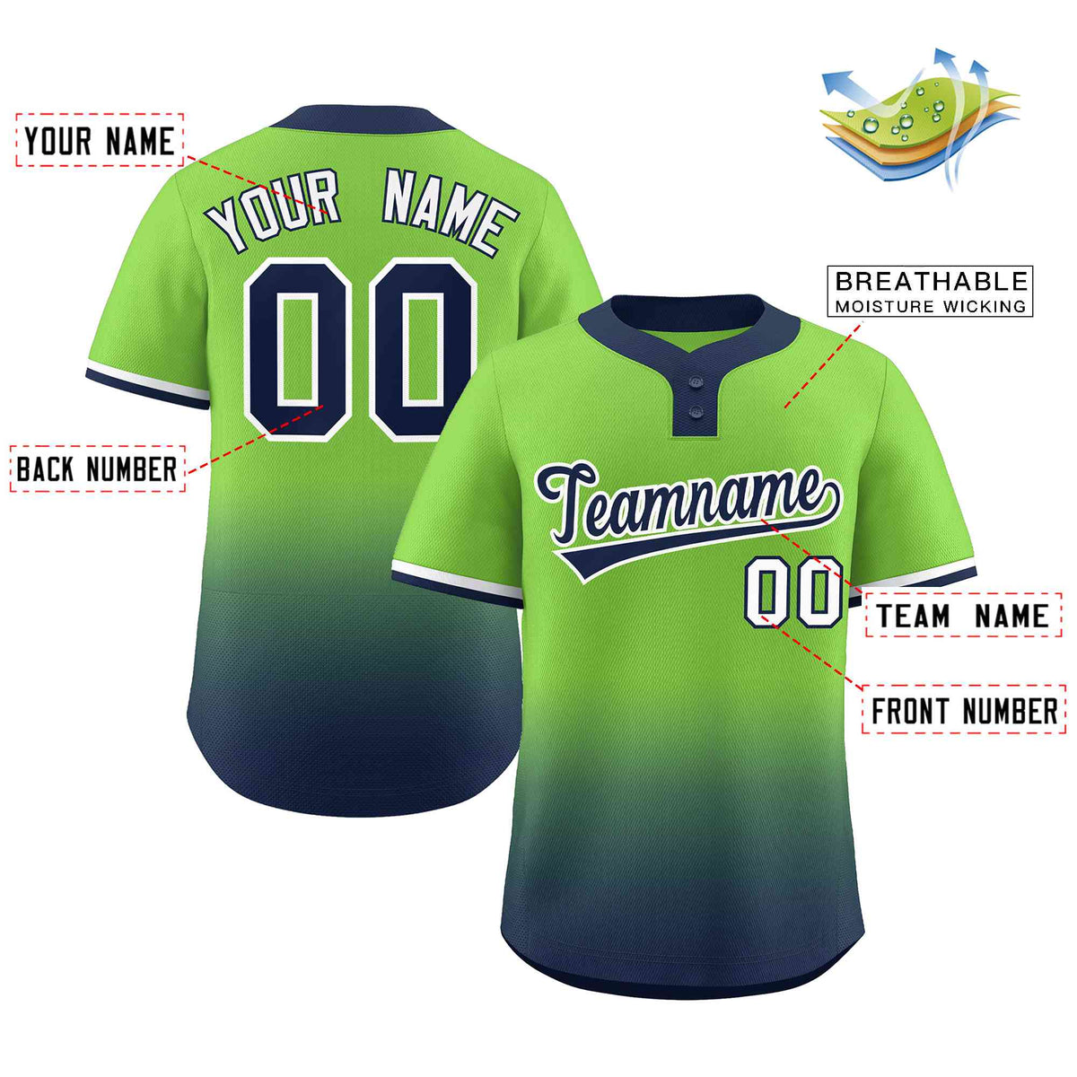 Custom Neon Green Navy Navy-White Gradient Fashion Authentic Two-Button Softball Jersey Limited