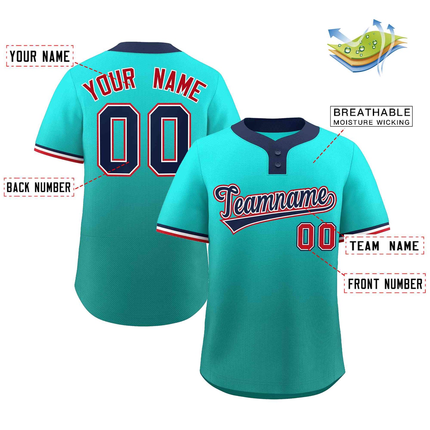 Custom Light Green Aqua Navy-White Gradient Fashion Authentic Two-Button Softball Jersey Limited