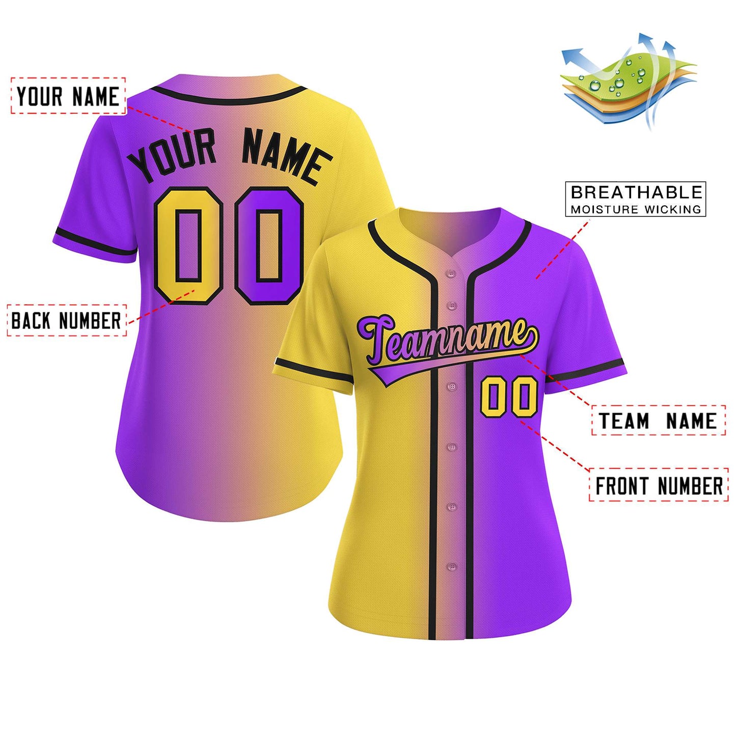 Custom Gold Purple-Black Gradient Fashion Baseball Jersey For Women Limited