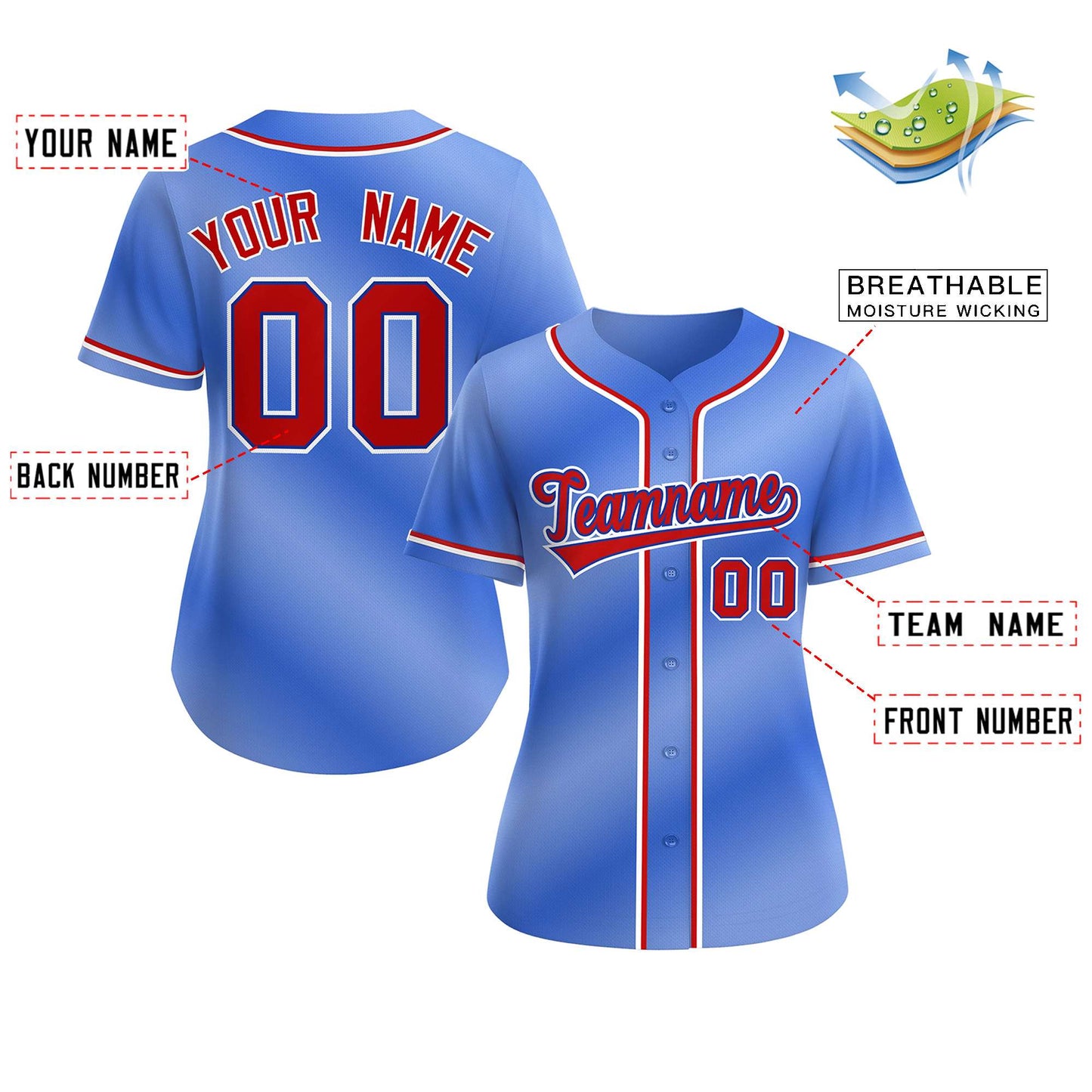 Custom Light Blue Red-Royal Gradient Fashion Baseball Jersey For Women Limited