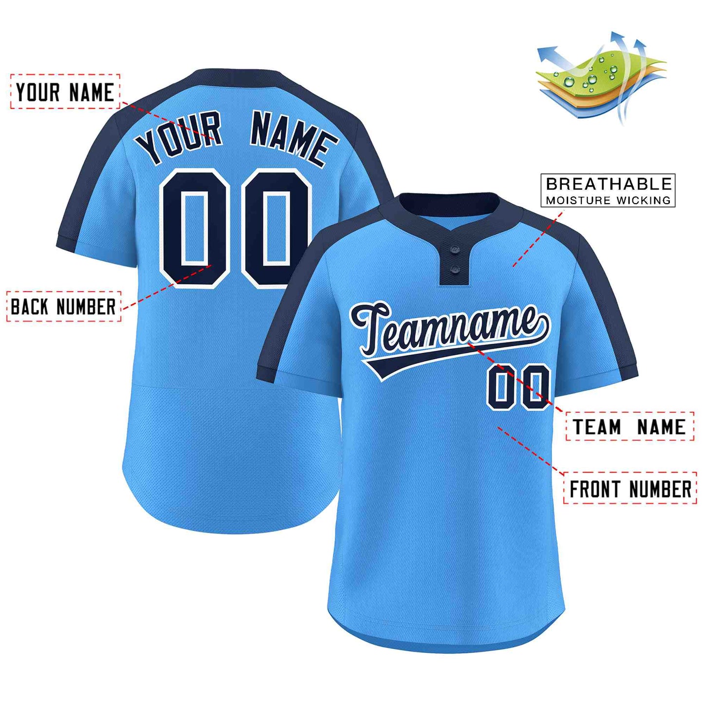 Custom Powder Blue Navy-White Classic Style Authentic Two-Button Softball Jersey Limited