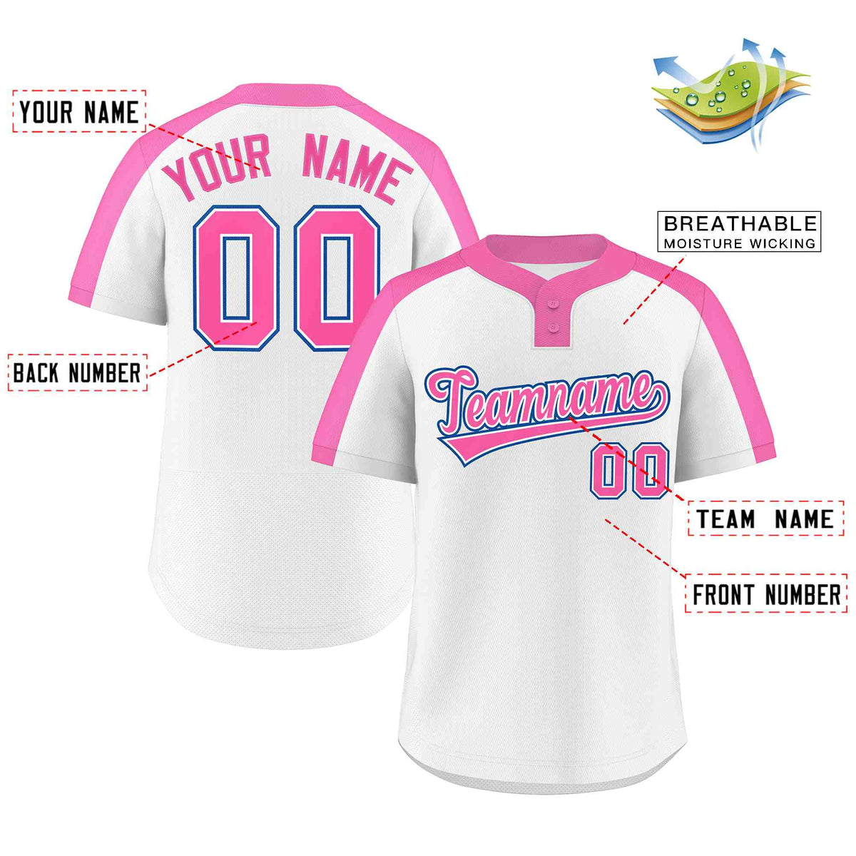 Custom White Pink-White Classic Style Authentic Two-Button Softball Jersey Limited