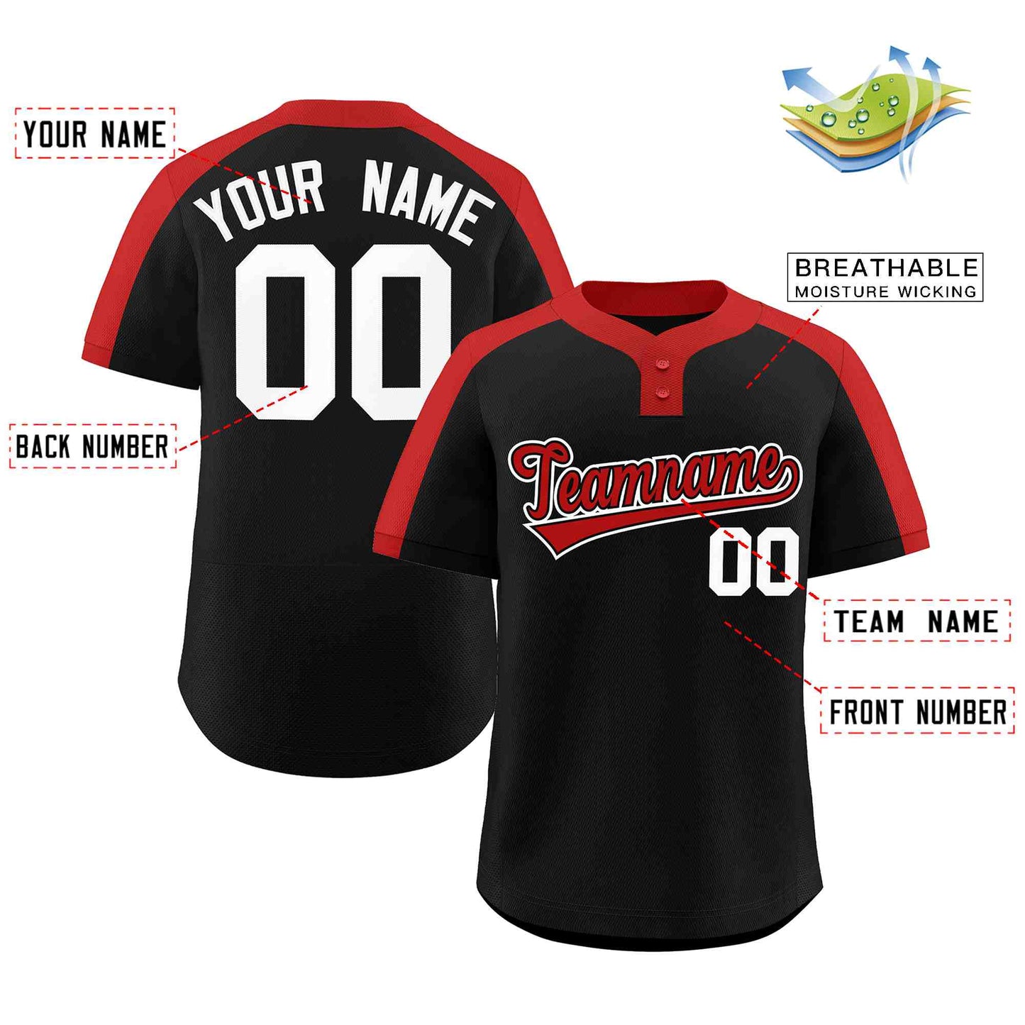Custom Black Red-Black Classic Style Authentic Two-Button Softball Jersey Limited
