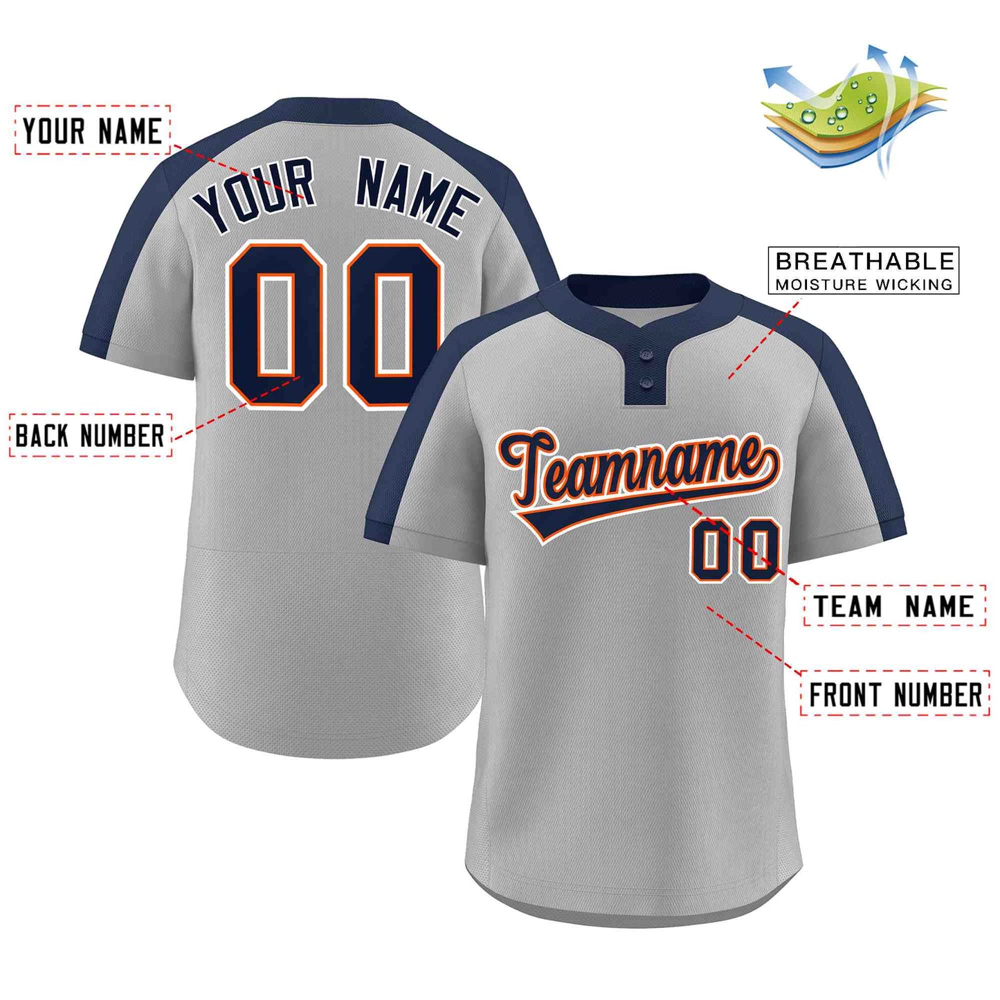 Custom Gray Navy-Orange Classic Style Authentic Two-Button Softball Jersey Limited