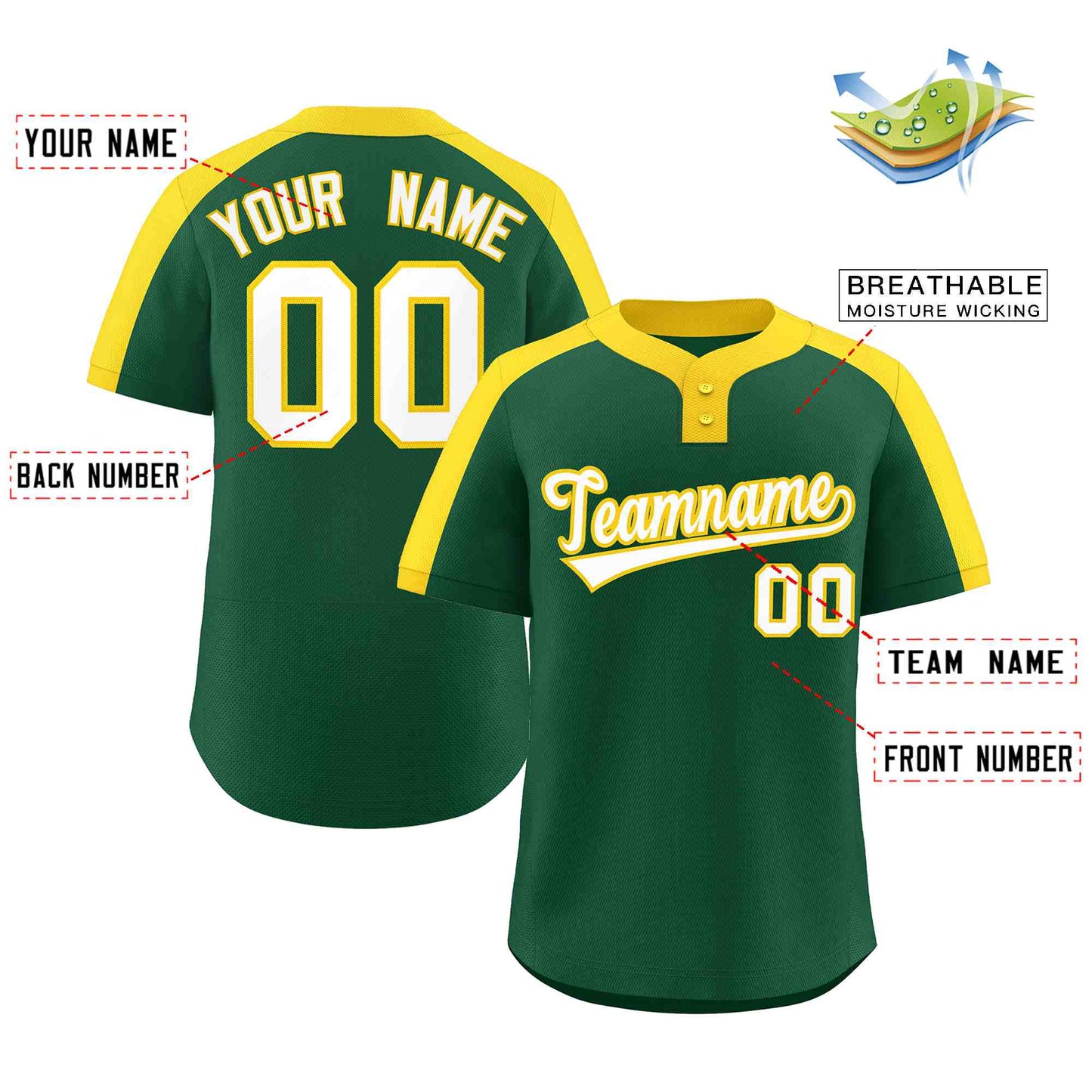 Custom Green White-Gold Classic Style Authentic Two-Button Softball Jersey Limited