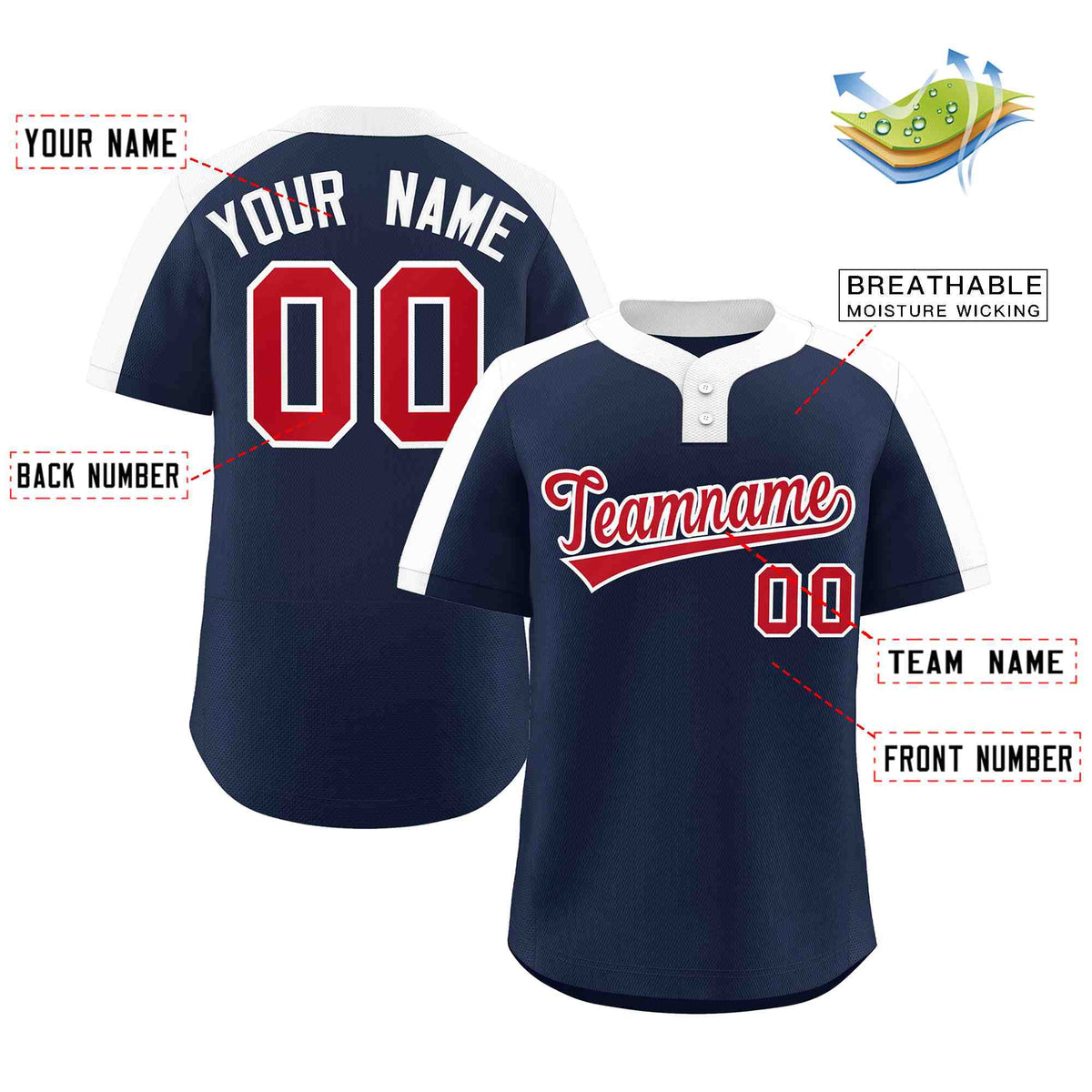 Custom Navy Red-White Classic Style Authentic Two-Button Softball Jersey Limited