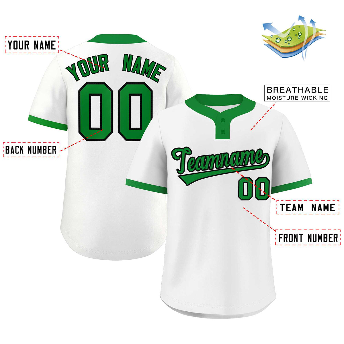 Custom White Kelly Green-Black Classic Style Authentic Two-Button Softball Jersey Limited
