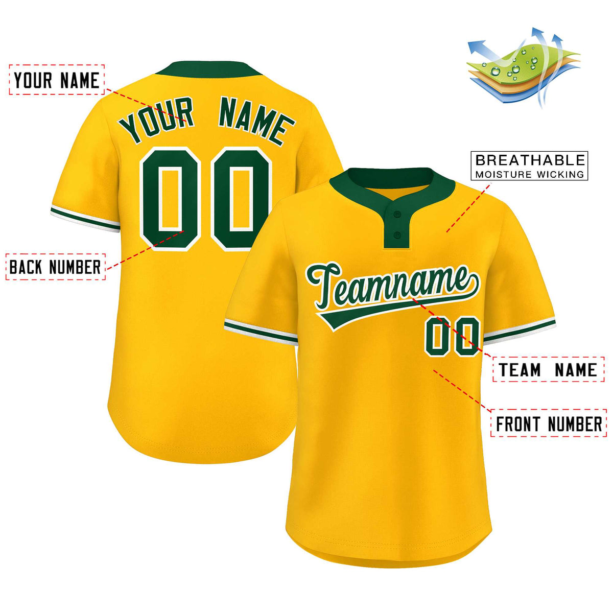 Custom Gold Kelly Green-White Classic Style Authentic Two-Button Softball Jersey Limited
