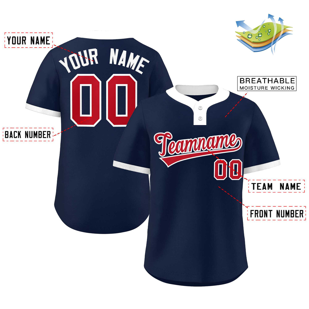 Custom Navy Red-White Classic Style Authentic Two-Button Softball Jersey Limited