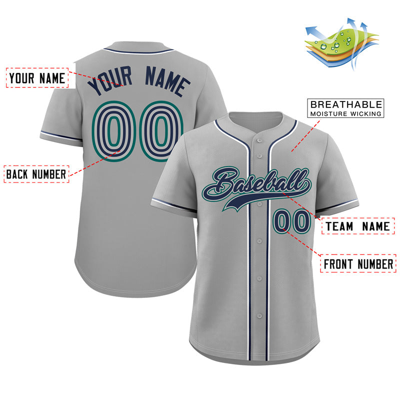 Custom Gray Navy-Aqua Classic Style Authentic Baseball Jersey Limited