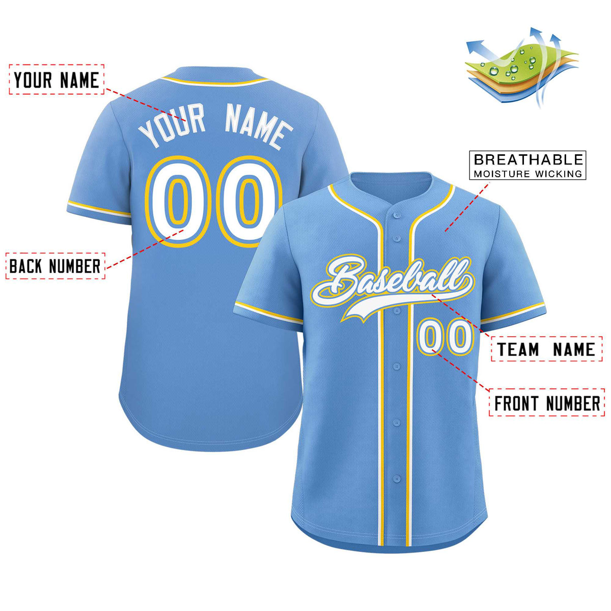 Custom Light Blue White-Yellow Classic Style Authentic Baseball Jersey Limited