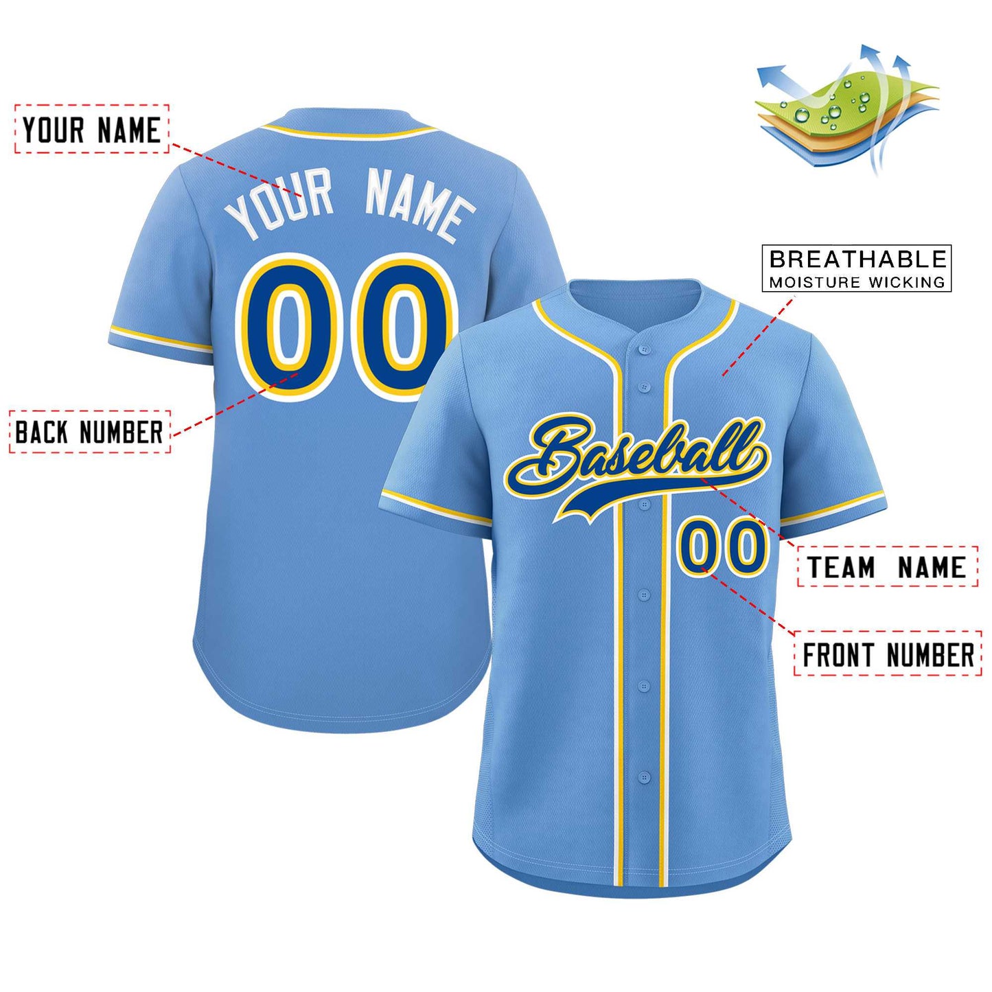 Custom Light Blue Royal-Yellow Classic Style Authentic Baseball Jersey Limited