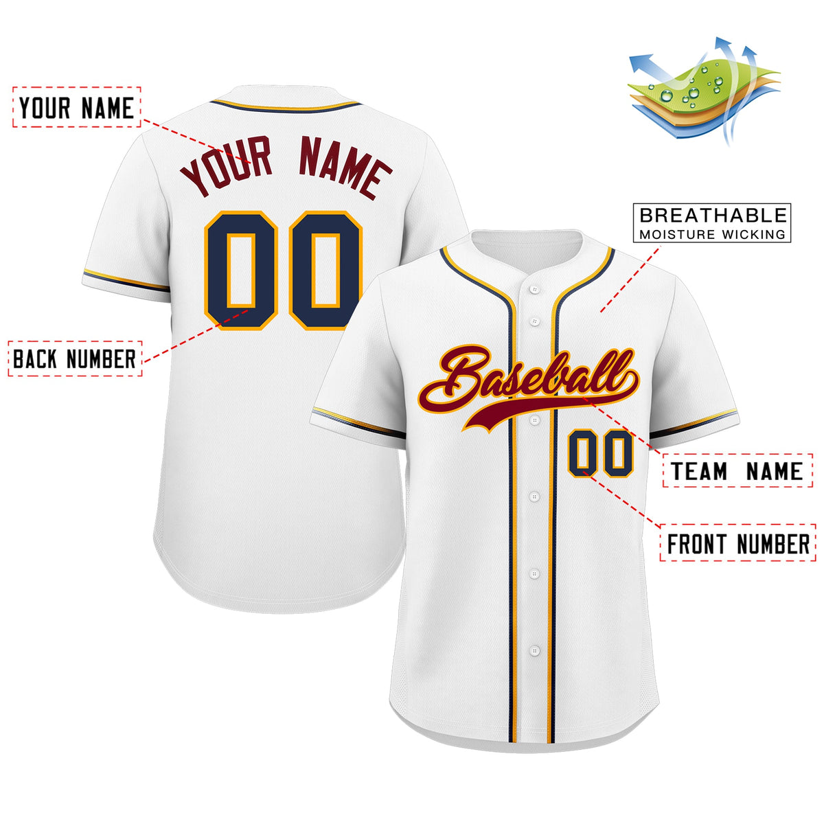 Custom White Crimson-Yellow Classic Style Authentic Baseball Jersey Limited