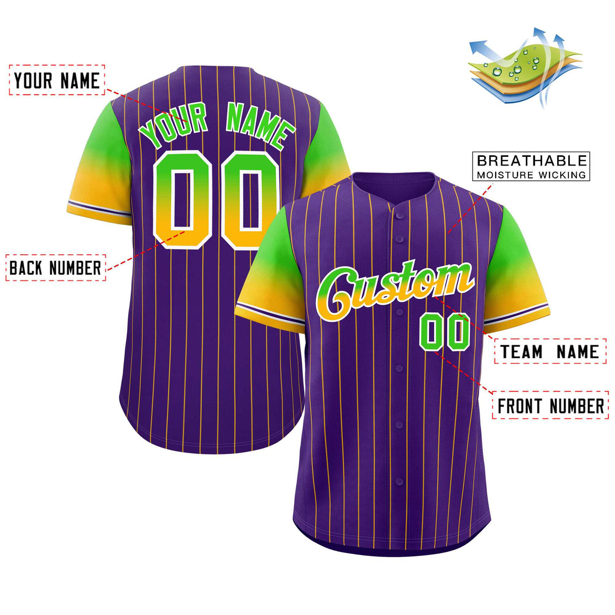 Custom Purple Neon Green Gold-White Stripe Font Gradient Fashion Authentic Baseball Jersey Limited