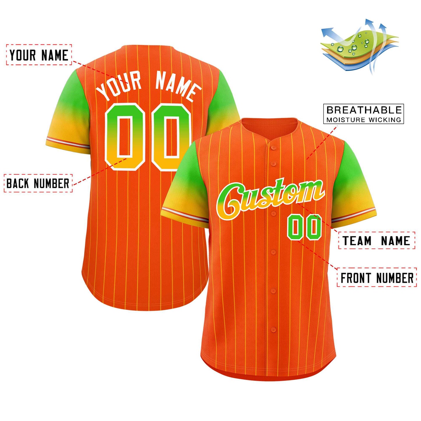 Custom Orange Neon Green Gold-White Stripe Font Gradient Fashion Authentic Baseball Jersey Limited