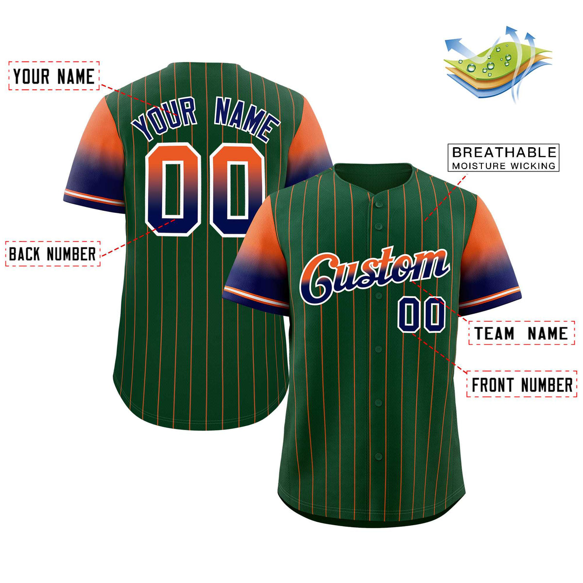 Custom Green Orange Navy-White Stripe Font Gradient Fashion Authentic Baseball Jersey Limited