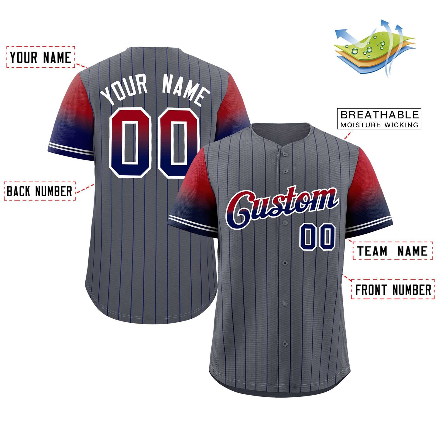 Custom Dark Gray Red Navy-White Stripe Font Gradient Fashion Authentic Baseball Jersey Limited