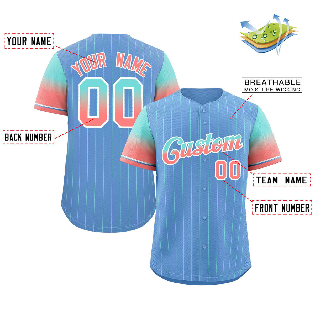 Custom Light Blue Aqua Red-White Stripe Font Gradient Fashion Authentic Baseball Jersey Limited