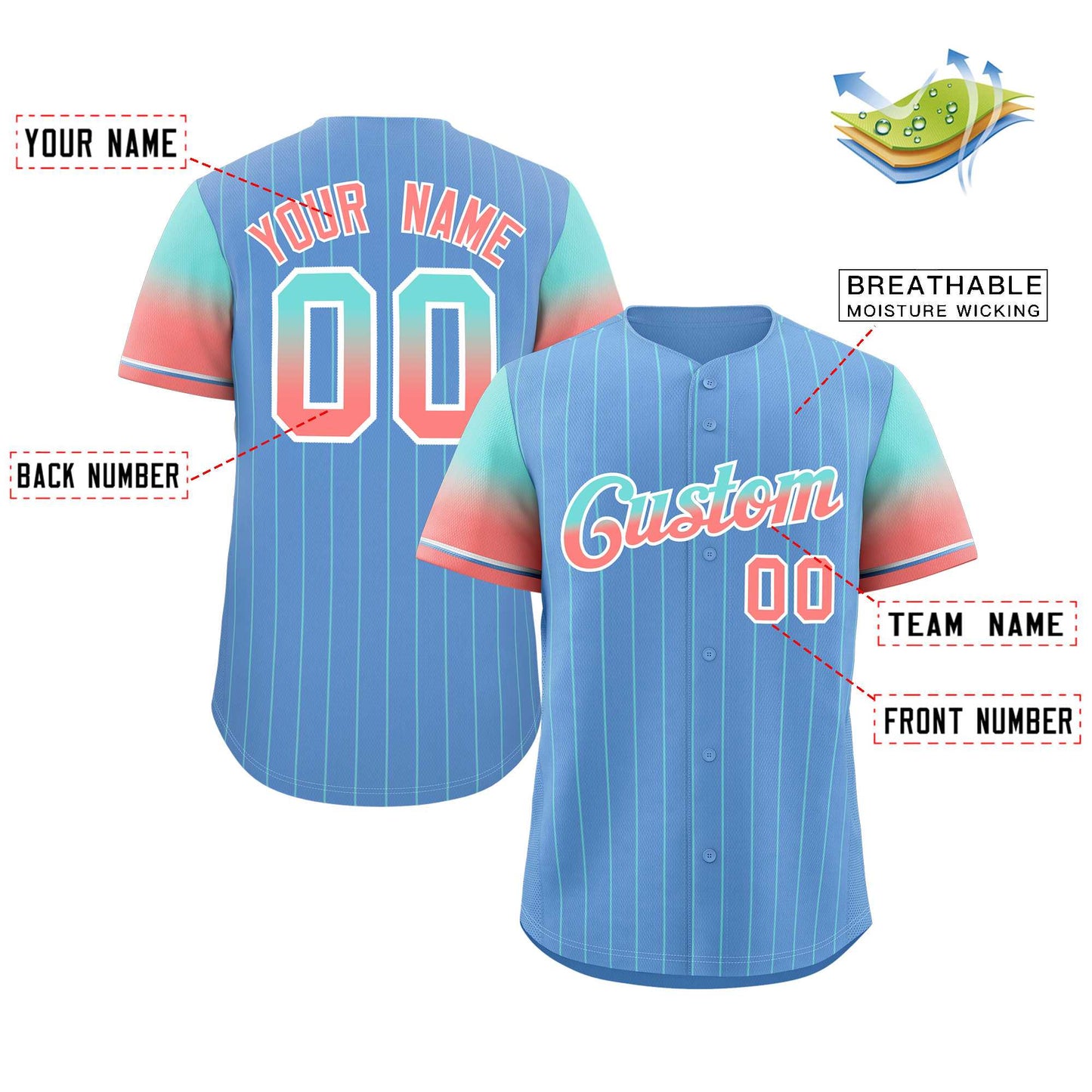 Custom Light Blue Aqua Red-White Stripe Font Gradient Fashion Authentic Baseball Jersey Limited