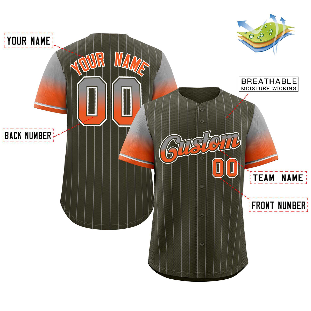 Custom Olive Gray Orange-Olive Stripe Font Gradient Fashion Authentic Baseball Jersey Limited