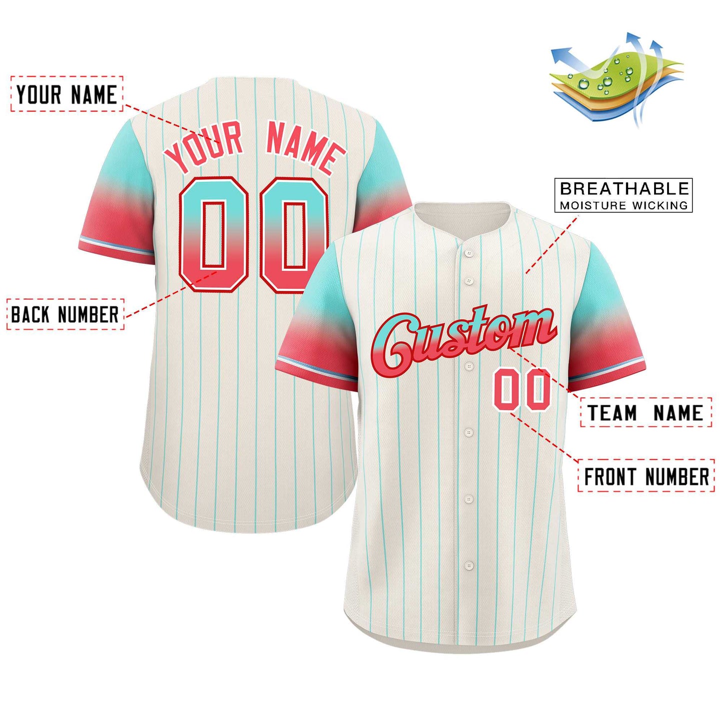 Custom Cream Aqua-Red Stripe Font Gradient Fashion Authentic Baseball Jersey Limited