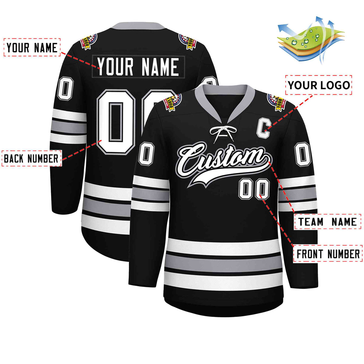 Custom Black White-Gray Lace-Up Neck Hockey Jersey Limited