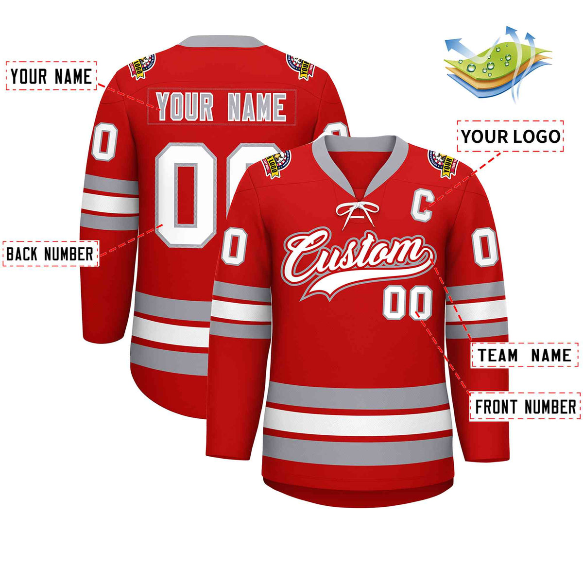 Custom Red White-Gray Lace-Up Neck Hockey Jersey Limited