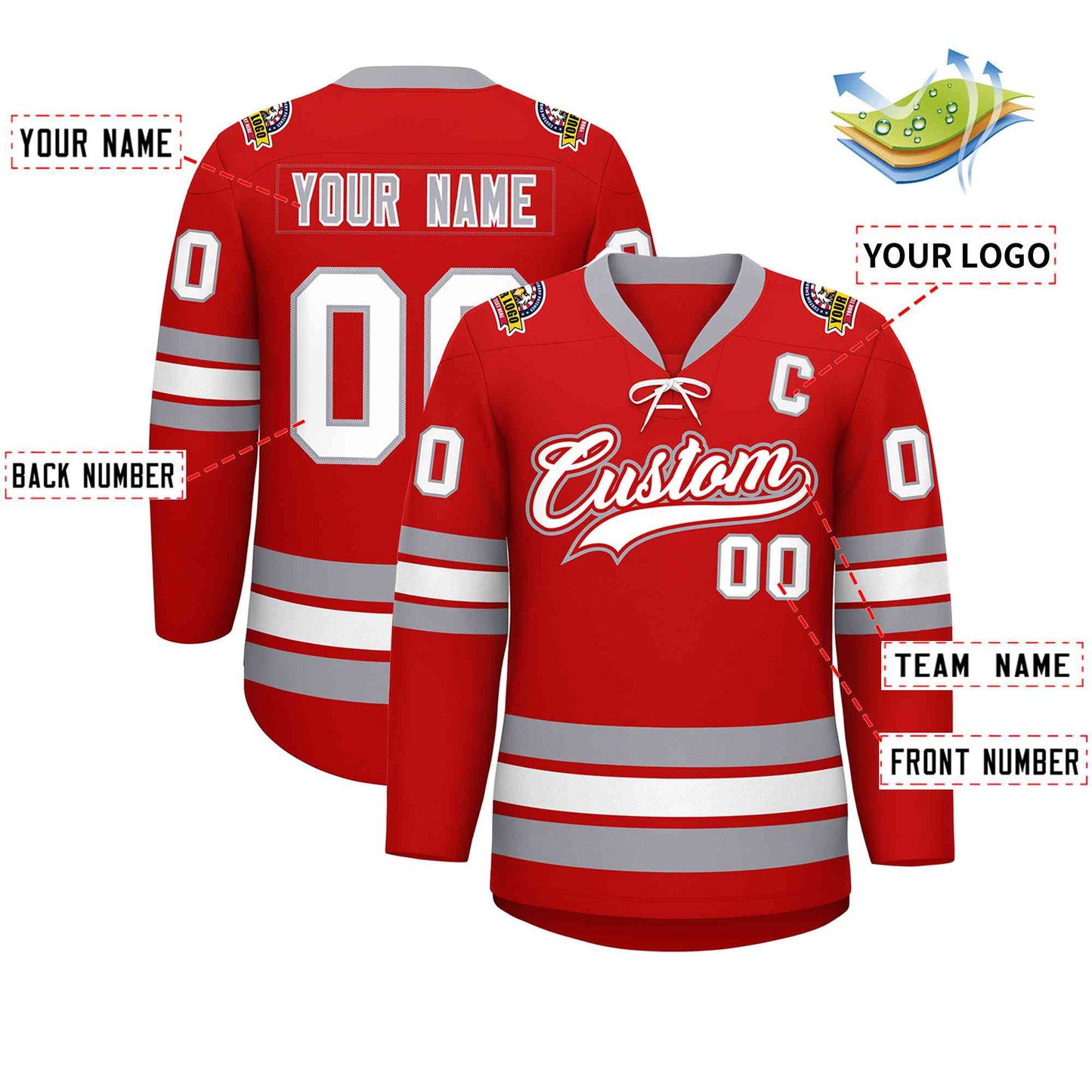 Custom Red White-Gray Lace-Up Neck Hockey Jersey Limited