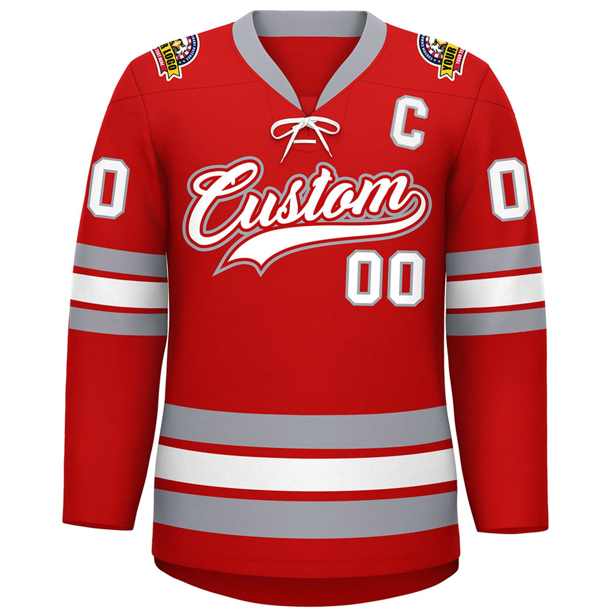 Custom Red White-Gray Lace-Up Neck Hockey Jersey Limited