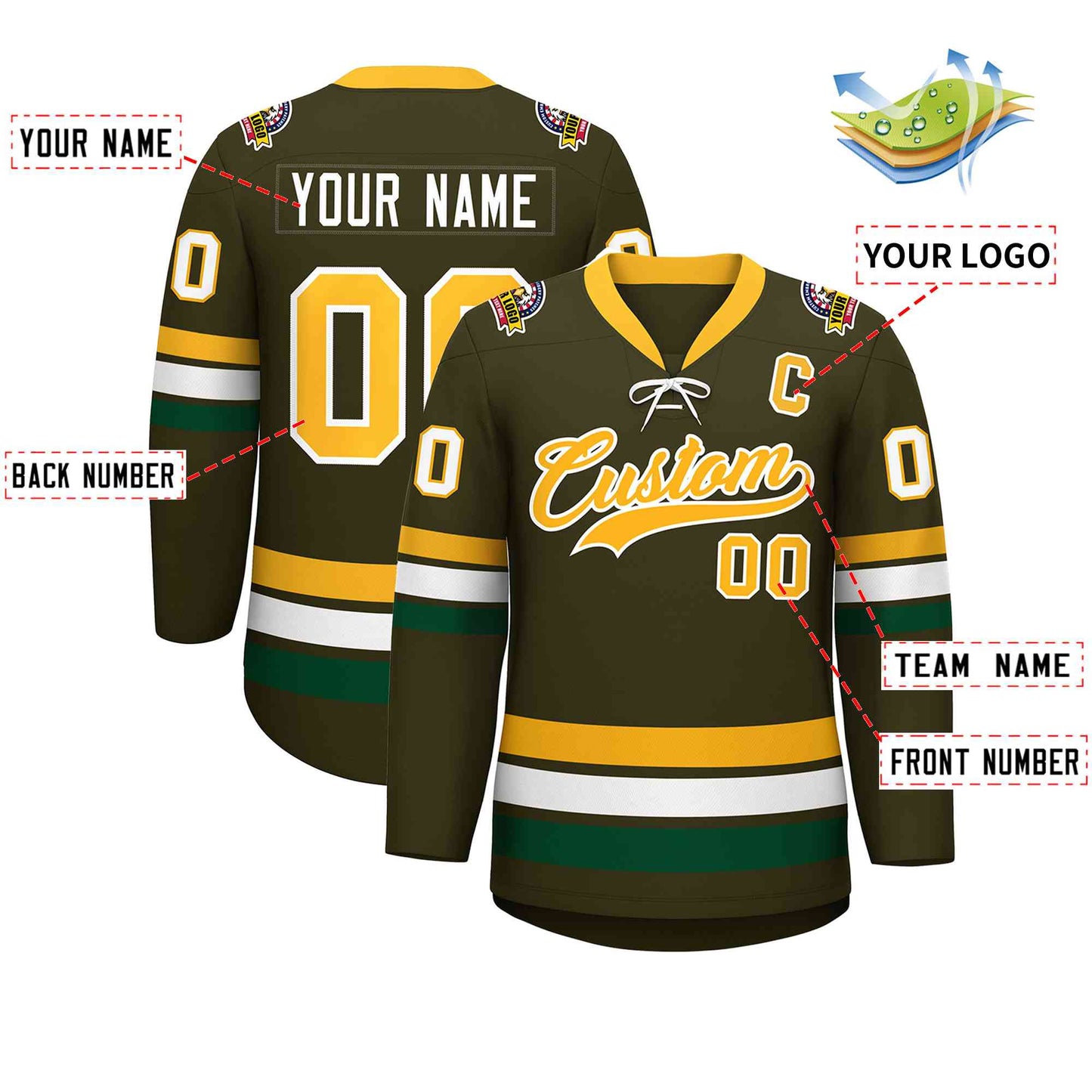 Custom Olive Yellow-White Lace-Up Neck Hockey Jersey Limited