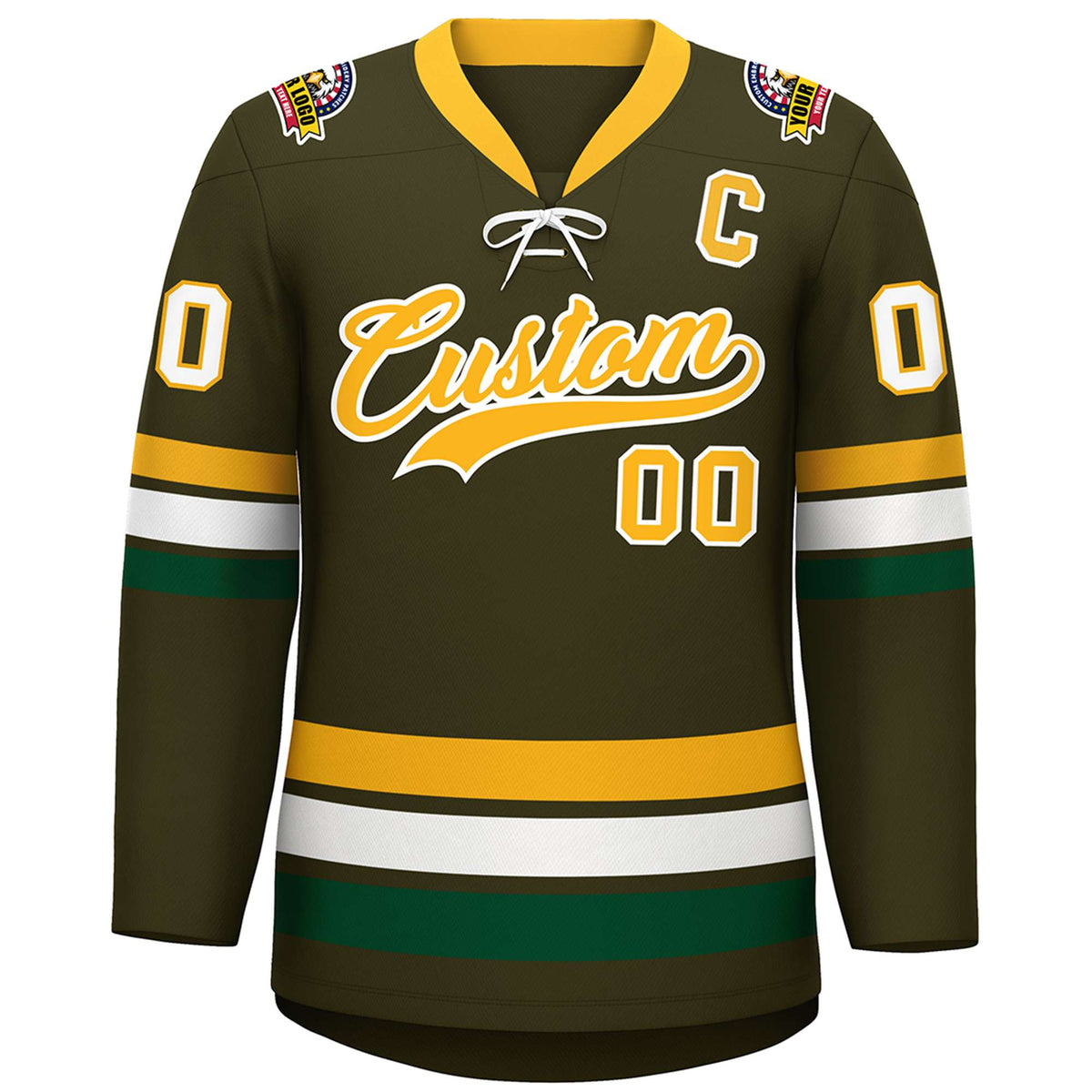 Custom Olive Yellow-White Lace-Up Neck Hockey Jersey Limited